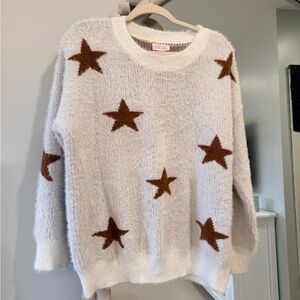 Pink Lily Ivory Fuzzy Crewneck Sweater with Brown Star Motif